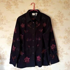 Vintage 90s black multicolor floral embroidered cottagecore microsuede jacket L